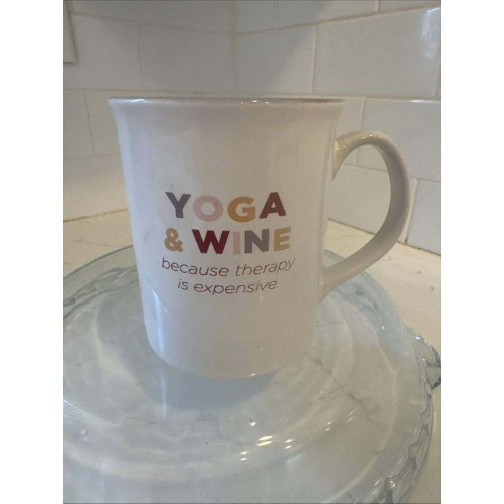 "YOGA & WINE -- BECAUSE THERAPY IS EXPENSIVE.", Ceramic Coffee Cup Mug Vintage